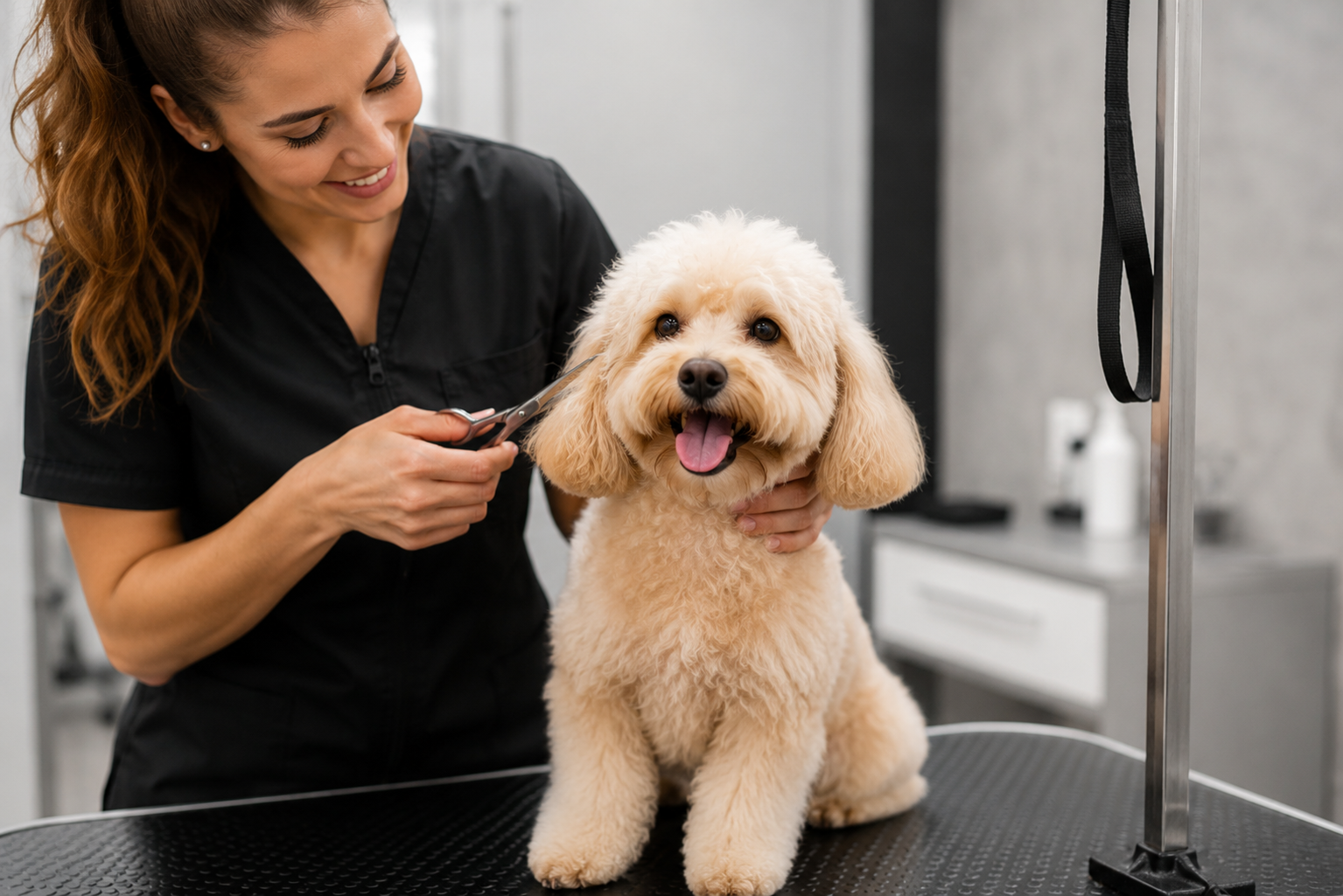 Groomer with white poodle